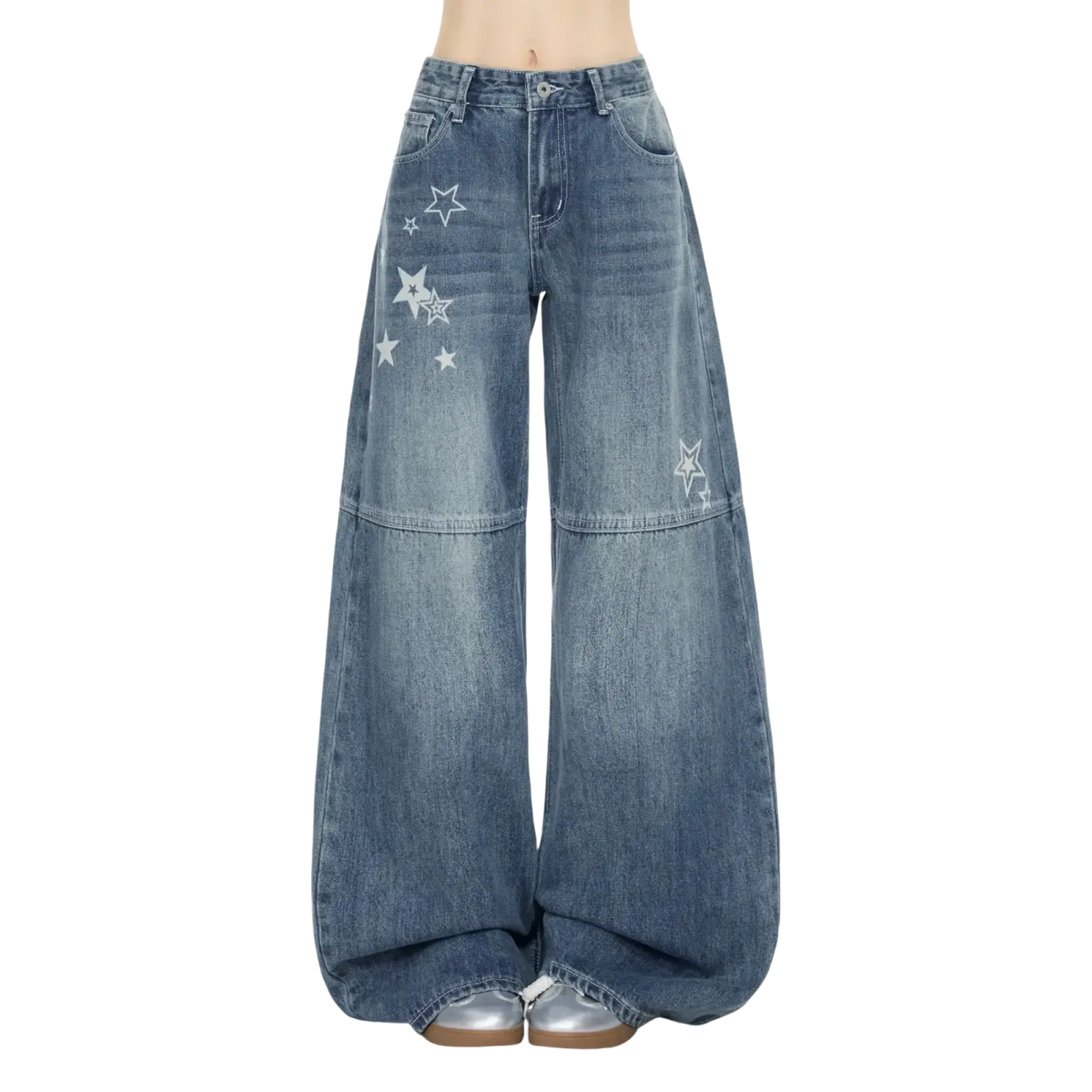 Wide-leg denim jeans in medium-wash blue with white star embroidery on thighs and lower leg y2k style
