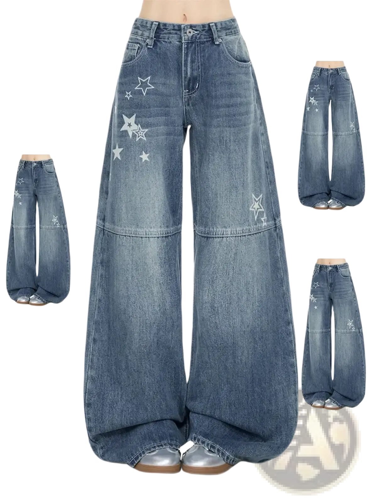 Blue denim jeans with white star embroidery featuring a wide-leg high-waisted y2k design
