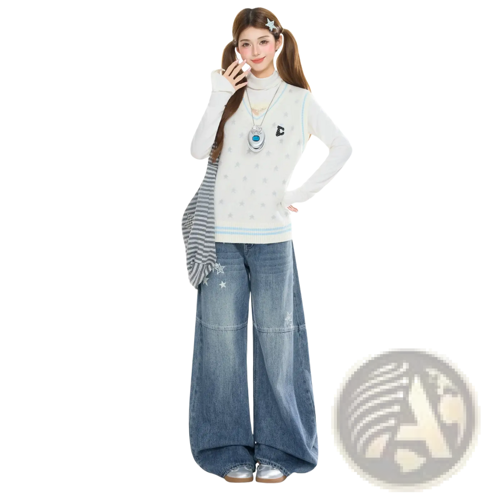 White knit vest with light blue trim and subtle gray star embroidery styled with y2k star embroidered wide leg denim jeans