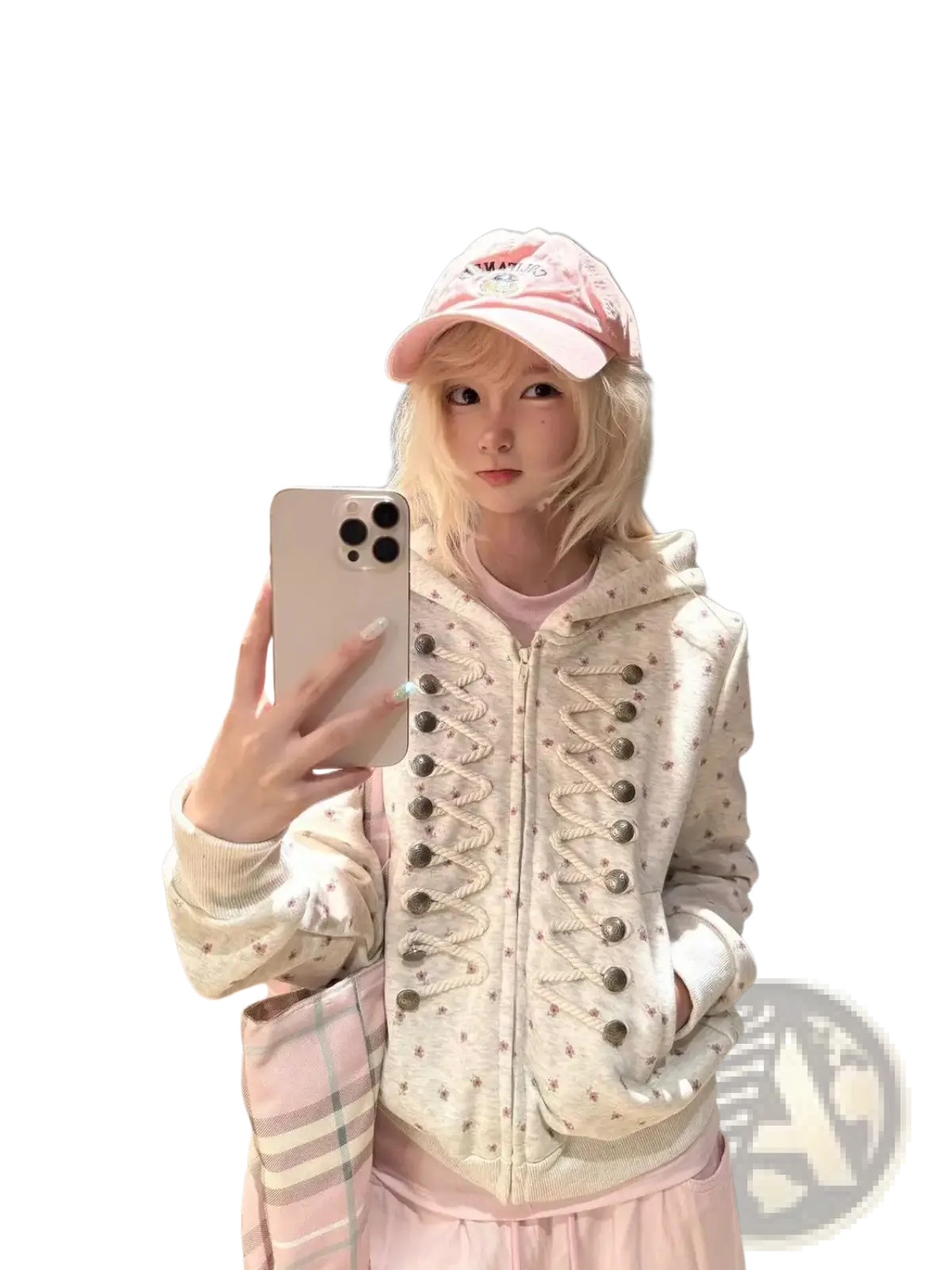 A cream-colored Y2k star print lace-up zip hoodie featuring metallic buttons and small star patterns on the front