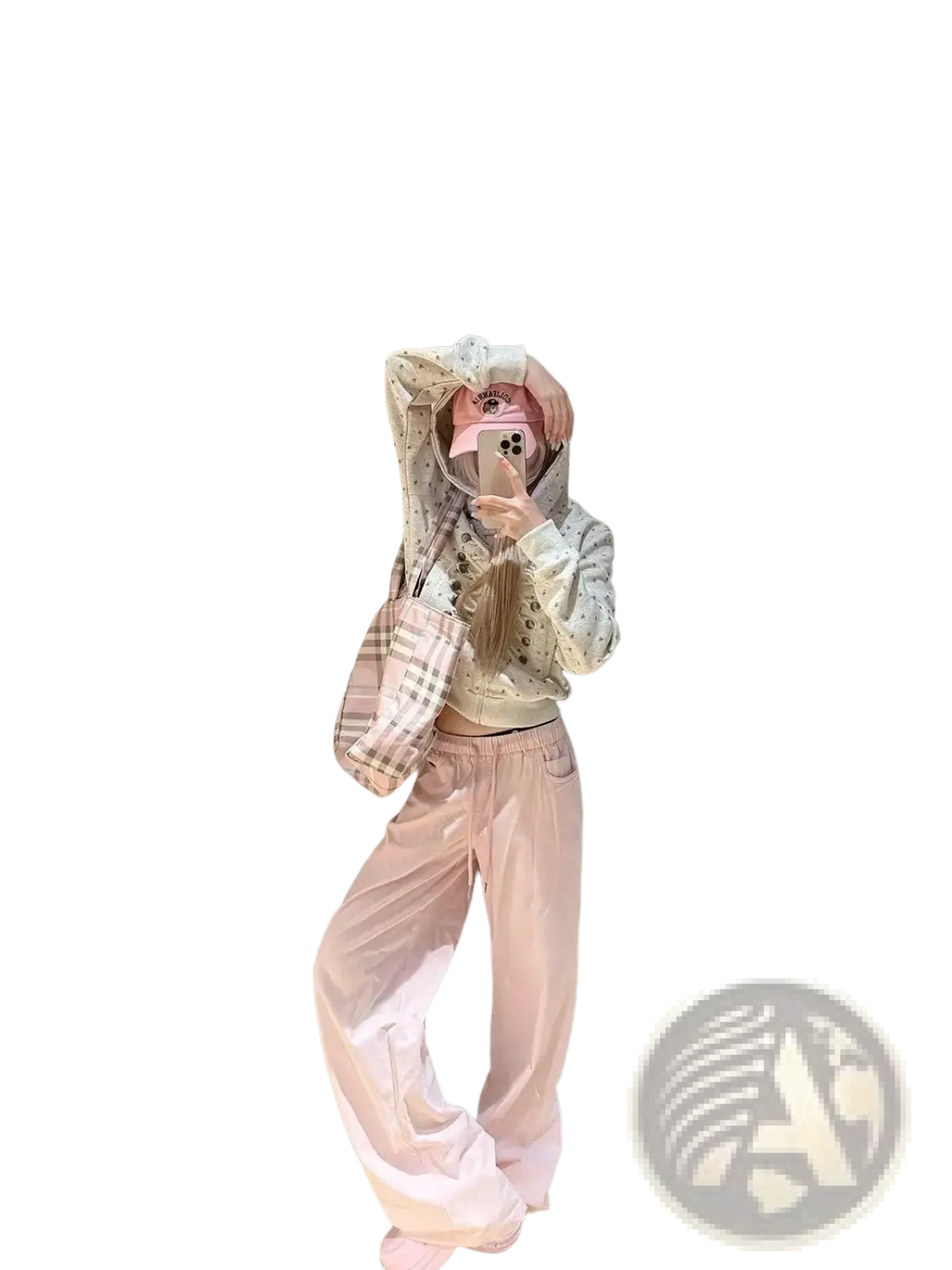 Pink plaid shoulder bag with white and black patterned strap paired with y2k star print lace-up zip hoodie