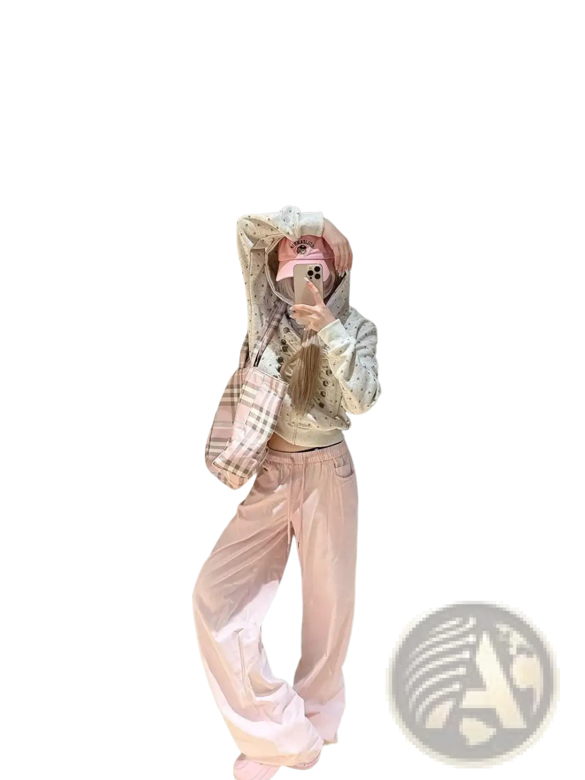 Pink plaid shoulder bag with white and black patterned strap paired with y2k star print lace-up zip hoodie
