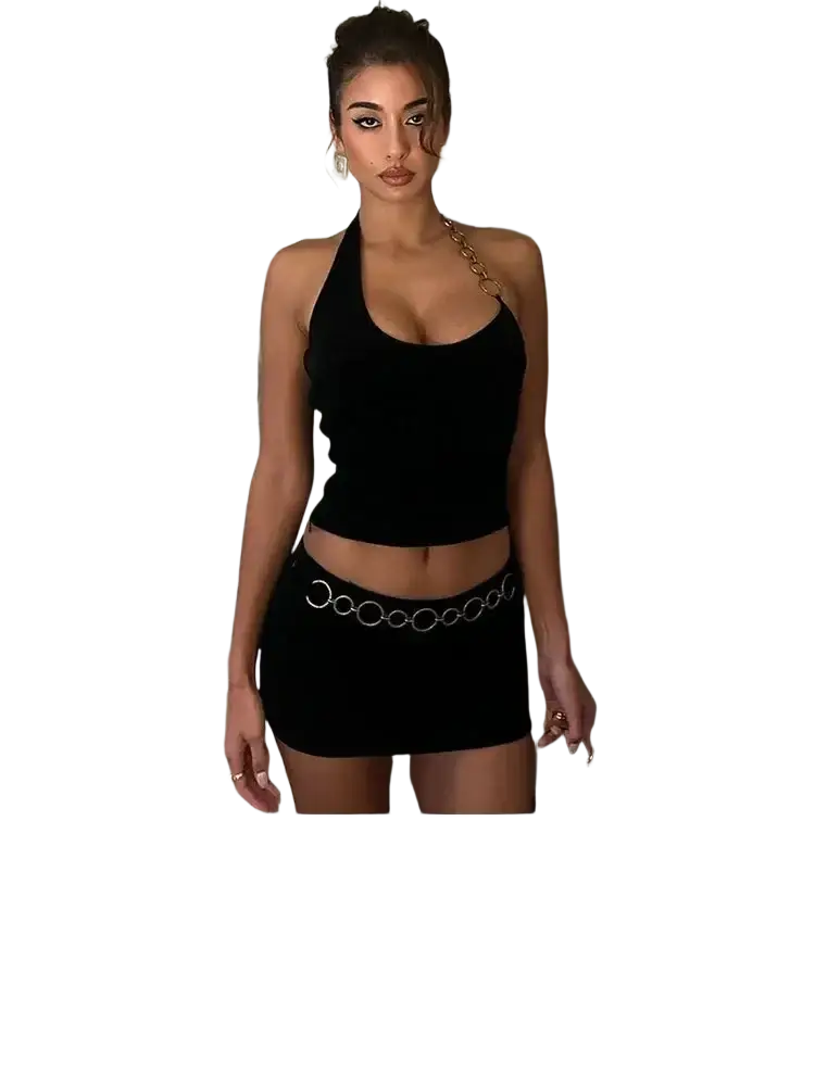 Black Y2k two piece halter top with fitted cropped silhouette and silver chain belt detail featuring adjustable closure type