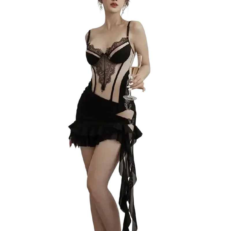 Black lace and sheer mesh corset dress with ruffled hem and side slit featuring back closure type detail