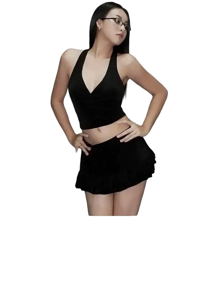 Black Y2k two piece halter top and pleated mini skirt set by yueesoul with halter neck and tie closure type