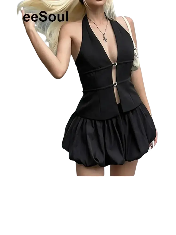 Black halter neck dress with corset style waist detailing and flared skirt featuring adjustable closure type