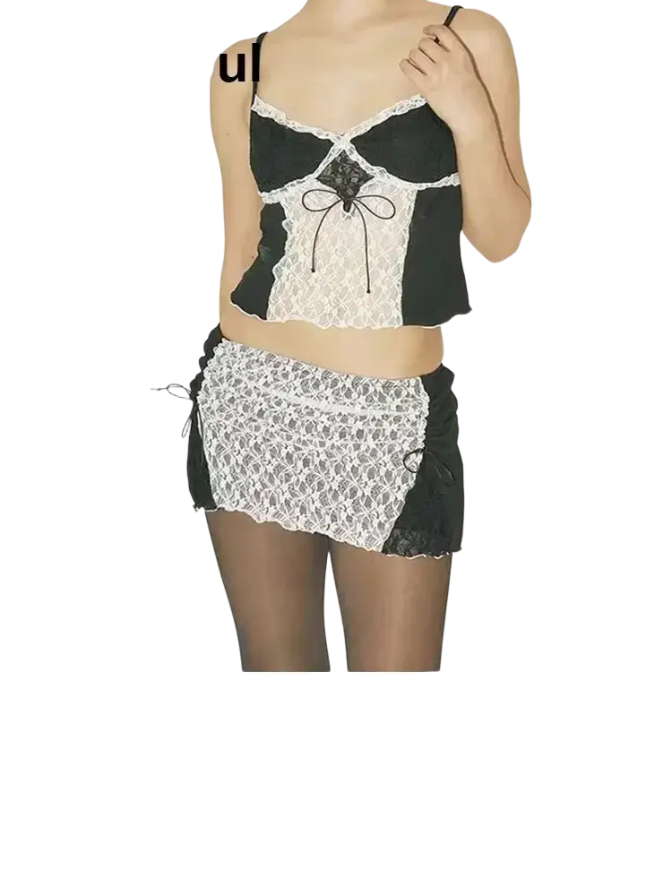 Black and white lace Y2k two piece halter top and pleated mini skirt set with corset closure type and side ties