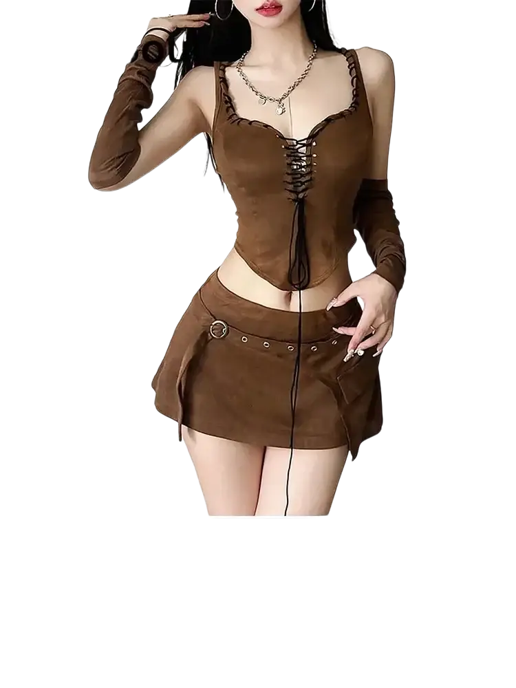Brown suede corset top with lace-up front closure type and matching long sleeves from y2k two piece halter set