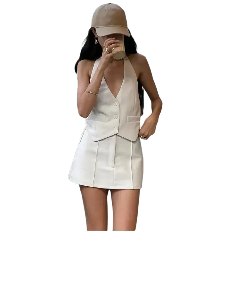 A chic off-white sleeveless vest dress with pleated skirt and button-front closure type in y2k two piece set