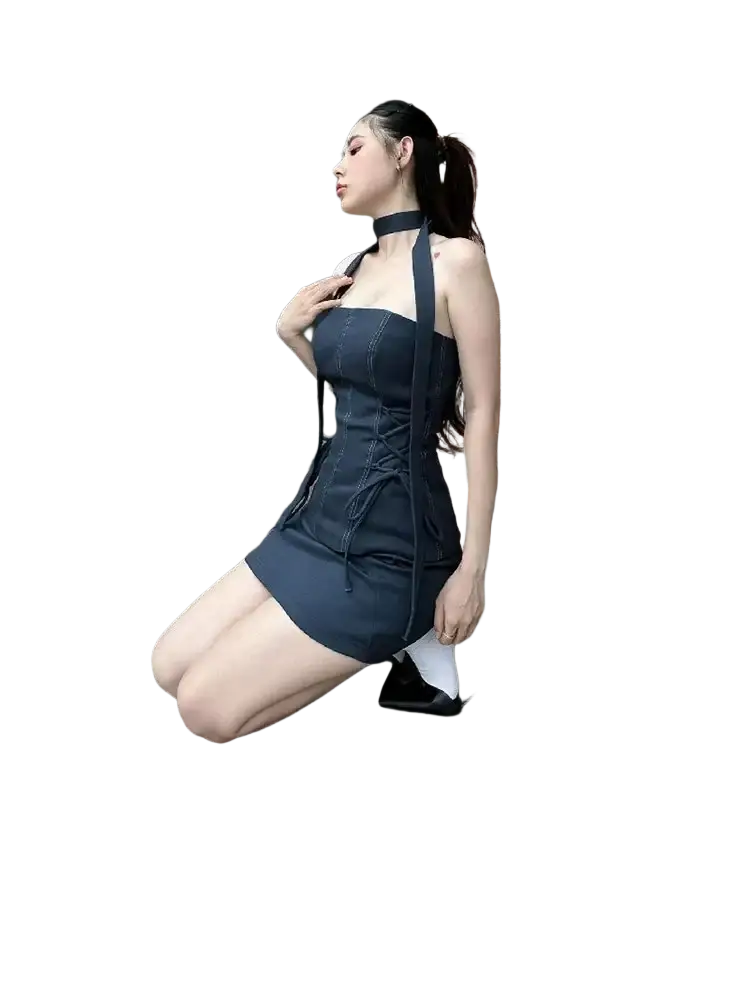 Dark blue denim halter dress with lace-up front closure type and side pockets in y2k two piece skirt set