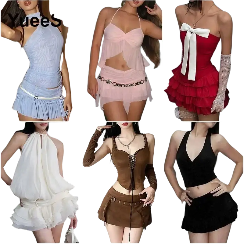 Light blue textured y2k two piece halter top and pleated mini skirt set with white belt and halter closure type