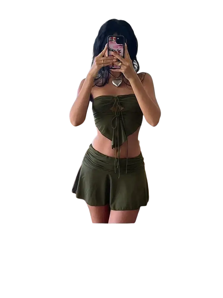 Olive green two piece y2k halter top and pleated mini skirt set with tie-front closure type for adjustable fit