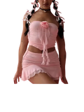 Pink sheer y2k two piece halter top and pleated mini skirt set with rose embellishment and adjustable closure type