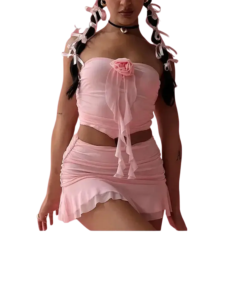 Pink sheer y2k two piece halter top and pleated mini skirt set with rose embellishment and adjustable closure type