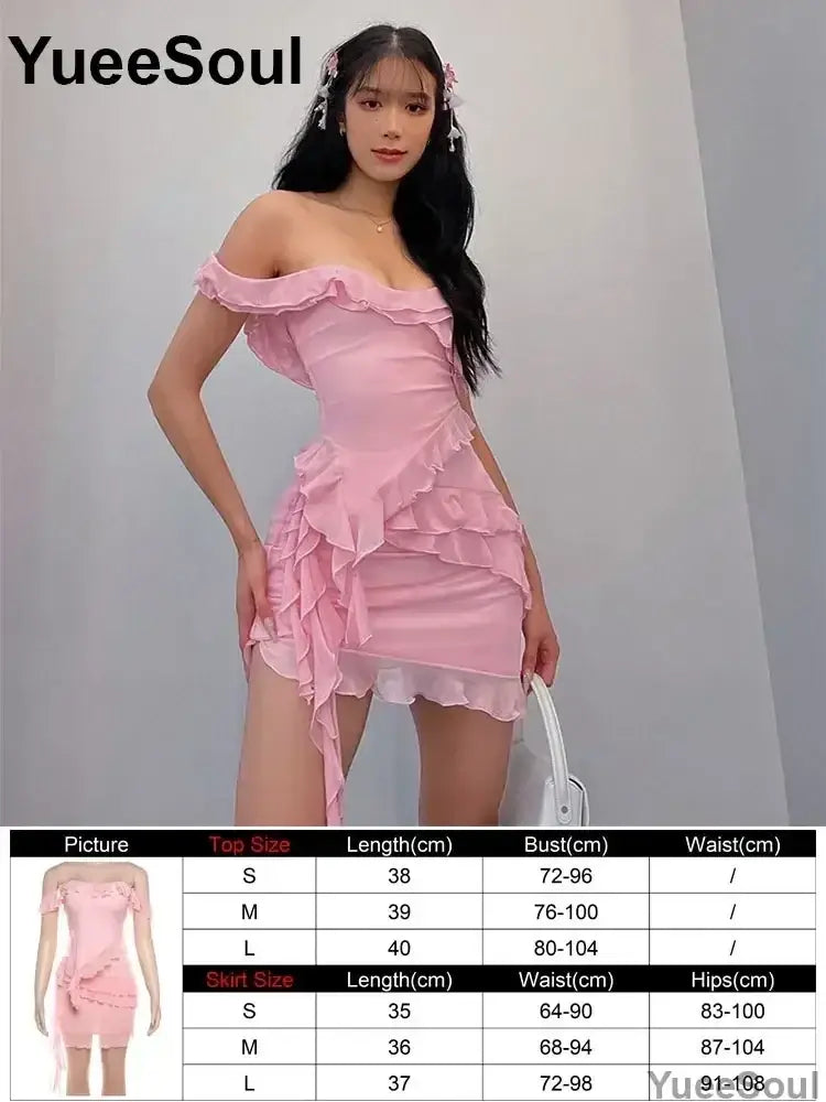 Pink off-the-shoulder ruffled mini dress with layered fabric and asymmetrical hemline featuring slip closure type