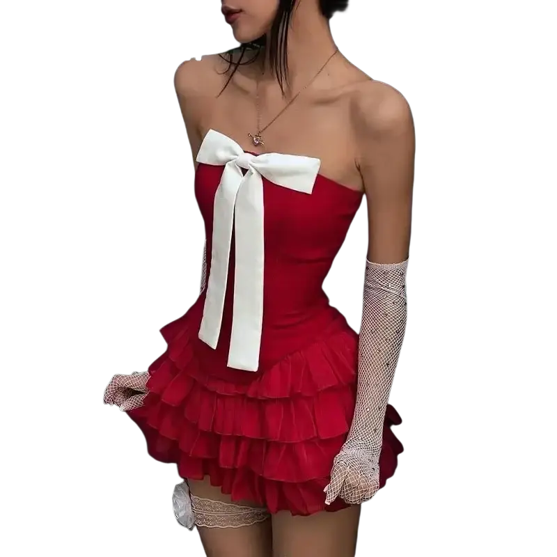 Red strapless ruffled mini dress with large white bow at bodice featuring a secure closure type for y2k style set