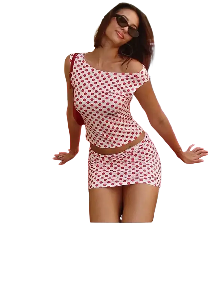 A red and white polka dot yueesoul two-piece set with off-the-shoulder cropped top and mini skirt featuring button closure type