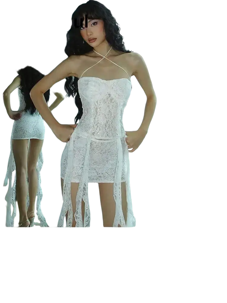 White lace strapless mini dress with fitted bodice and flowing skirt panels featuring a back zipper closure type
