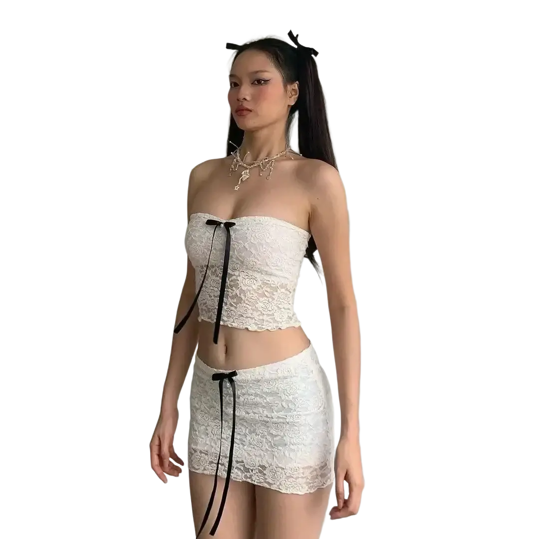 White lace y2k two piece halter top and pleated mini skirt set with black ribbon ties closure type at back