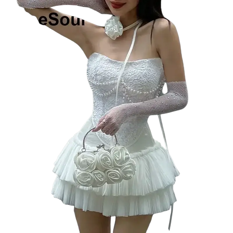 White rose-themed mini handbag with metallic handle and fabric detailing featuring secure closure type for y2k halter top set