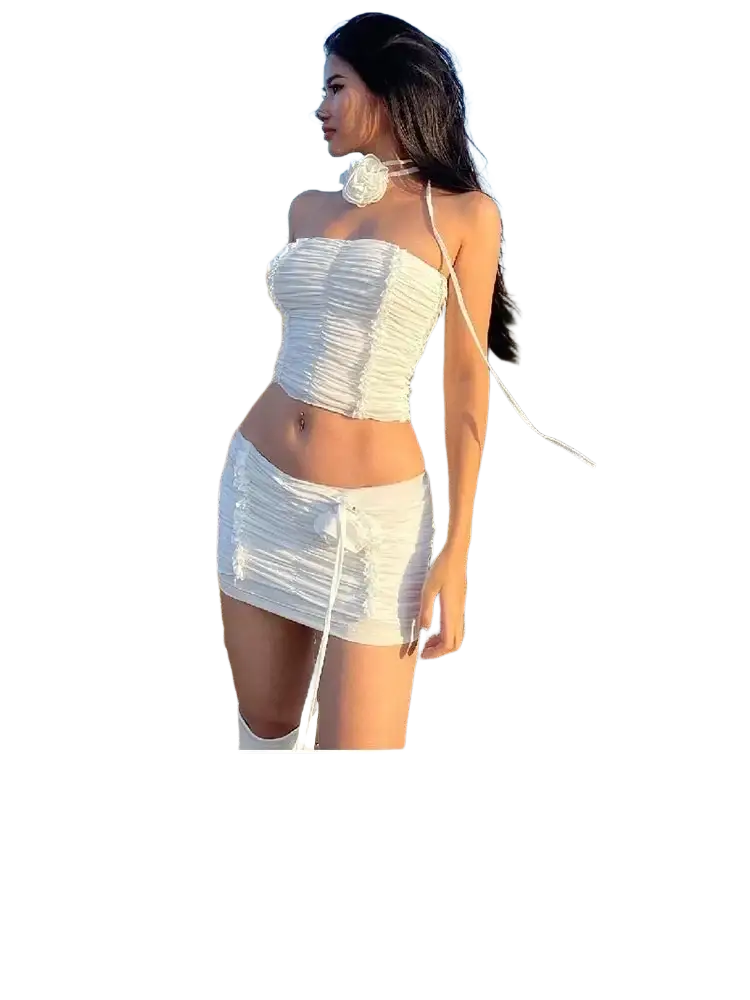 White ruched strapless crop top and matching mini skirt set by yueesoul with halter closure type for a Y2K look