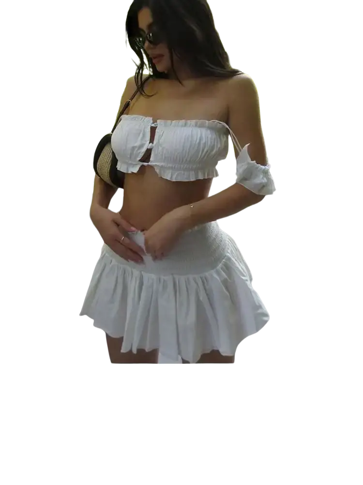 White ruffled two-piece summer outfit with off-the-shoulder top and flared skirt featuring adjustable closure type