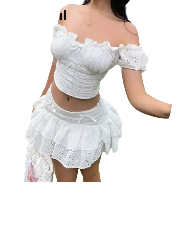 White off-the-shoulder crop top with ruffled sleeves and eyelet detailing from yueesoul featuring a tie closure type