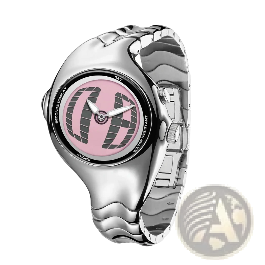 A sleek silver-toned Y2k vintage square dragon dial sport watch with a wavy metal band and vibrant pink geometric dial