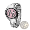 A sleek silver-toned Y2k vintage square dragon dial sport watch with a wavy metal band and vibrant pink geometric dial