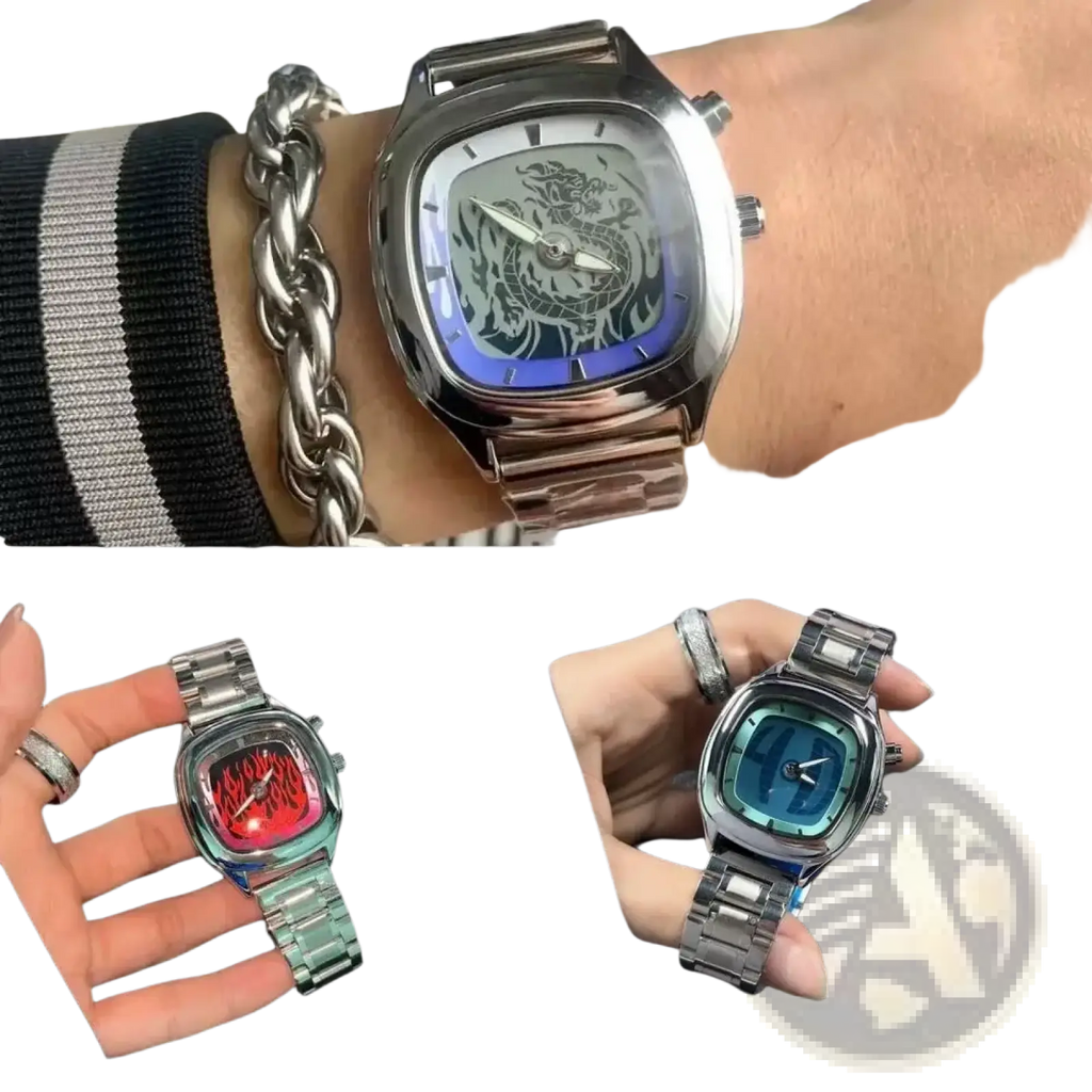 Silver-toned Y2k vintage square dragon dial watch with multiple color options including blue red and teal