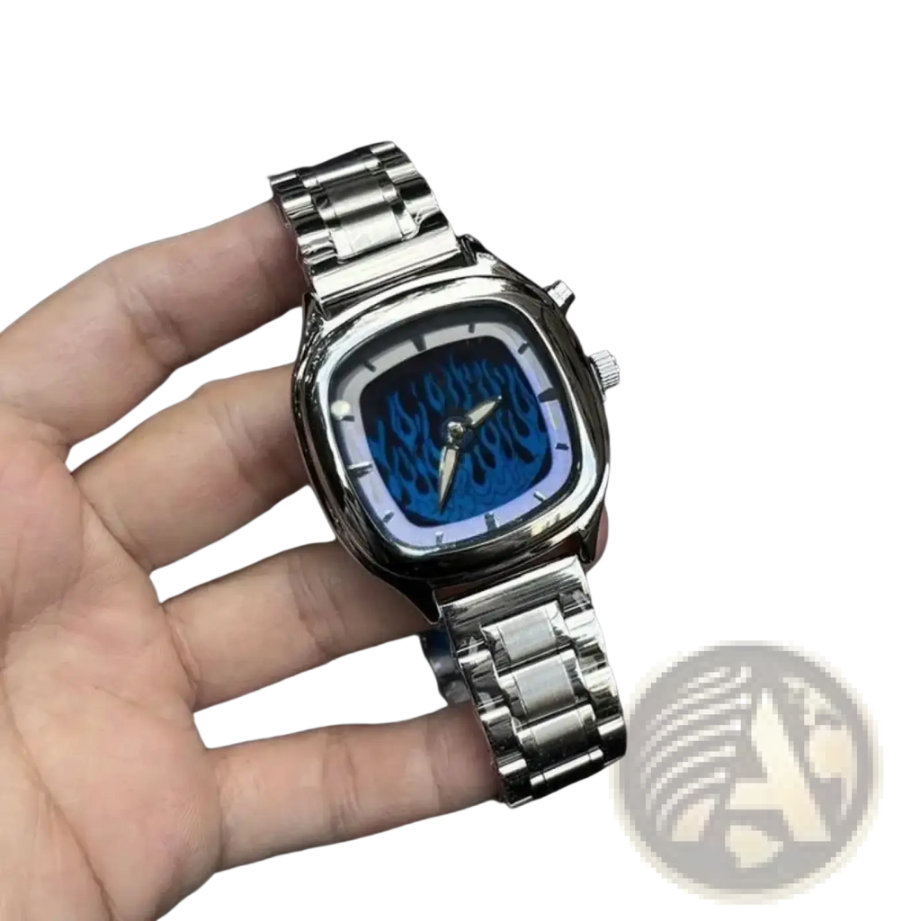 Silver-toned stainless steel Y2k vintage square watch with a vibrant blue flame dragon dial design