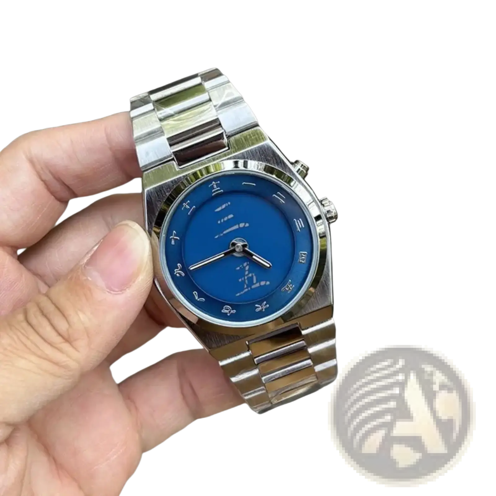 A sleek silver-toned stainless steel Y2k vintage square dragon dial watch with a vibrant blue dial and chinese characters