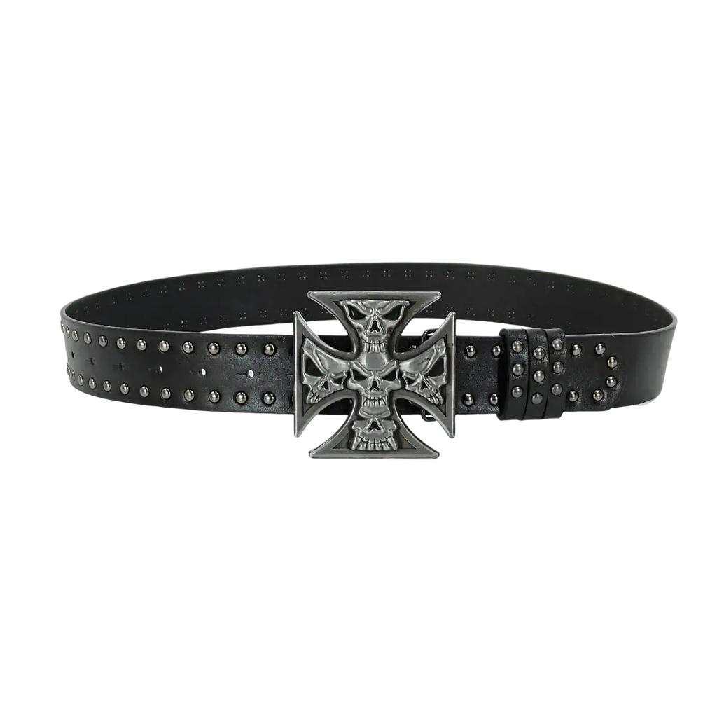 Black leather y2k waist belt with silver-toned skull crossbones buckle and studded strap featuring bohemian cross y2k design