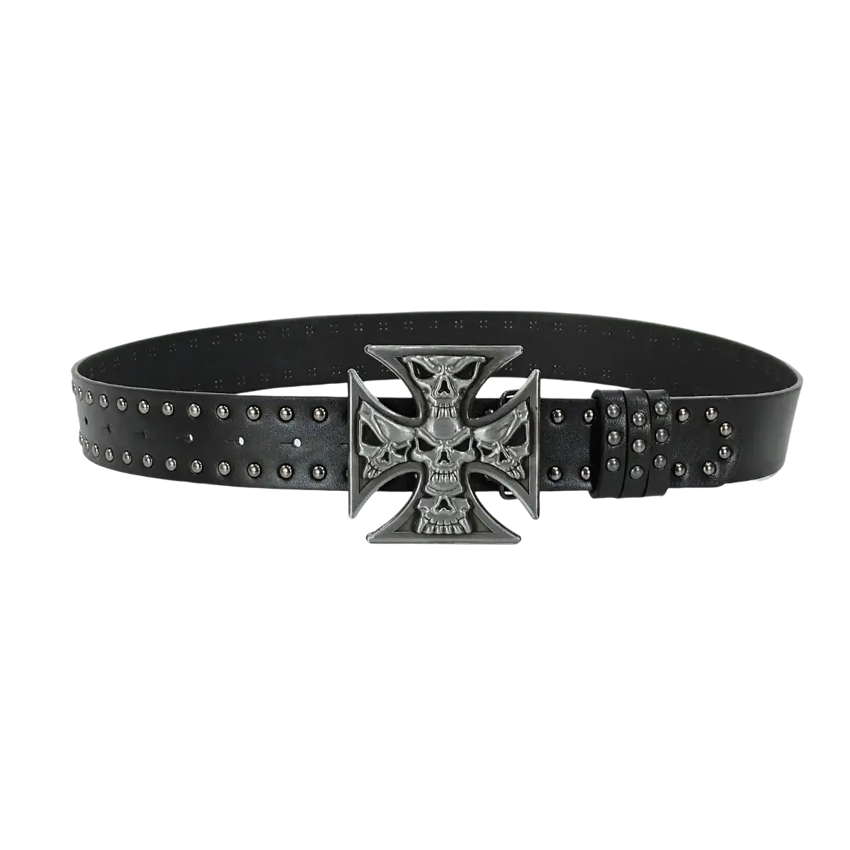 Black leather y2k waist belt with silver-toned skull crossbones buckle and studded strap featuring bohemian cross y2k design