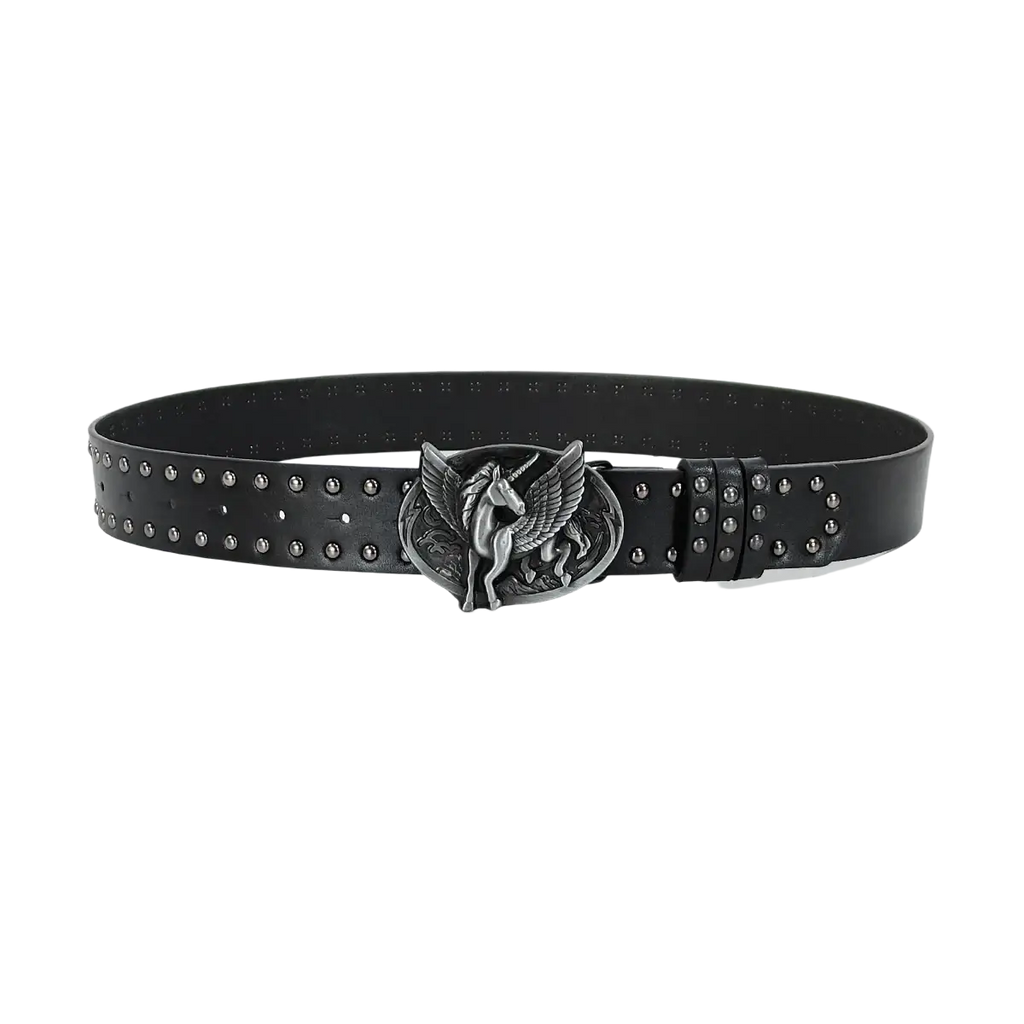 Black leather y2k waist belt with silver winged unicorn buckle and studs in bohemian cross y2k style