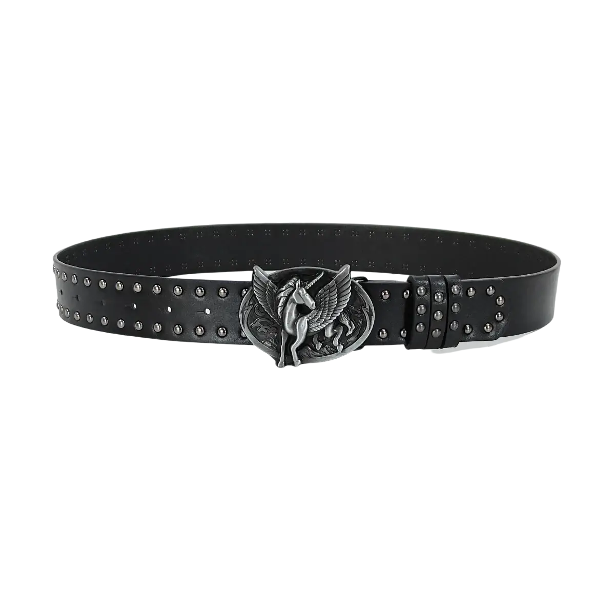 Black leather y2k waist belt with silver winged unicorn buckle and studs in bohemian cross y2k style