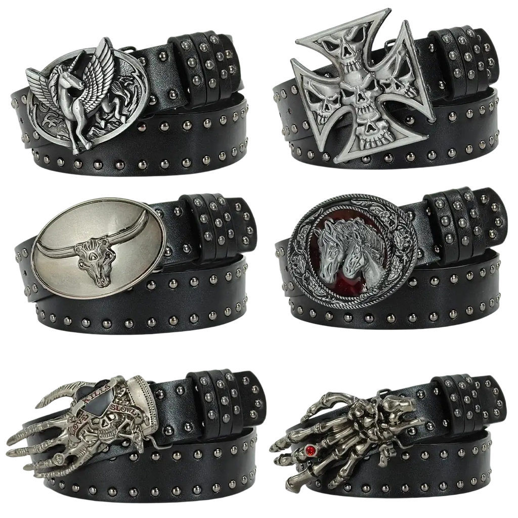Black leather y2k waist belt with silver winged unicorn skull crossbones and bohemian cross gothic designs