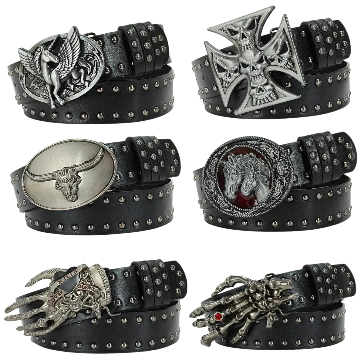 Black leather y2k waist belt with silver winged unicorn skull crossbones and bohemian cross gothic designs