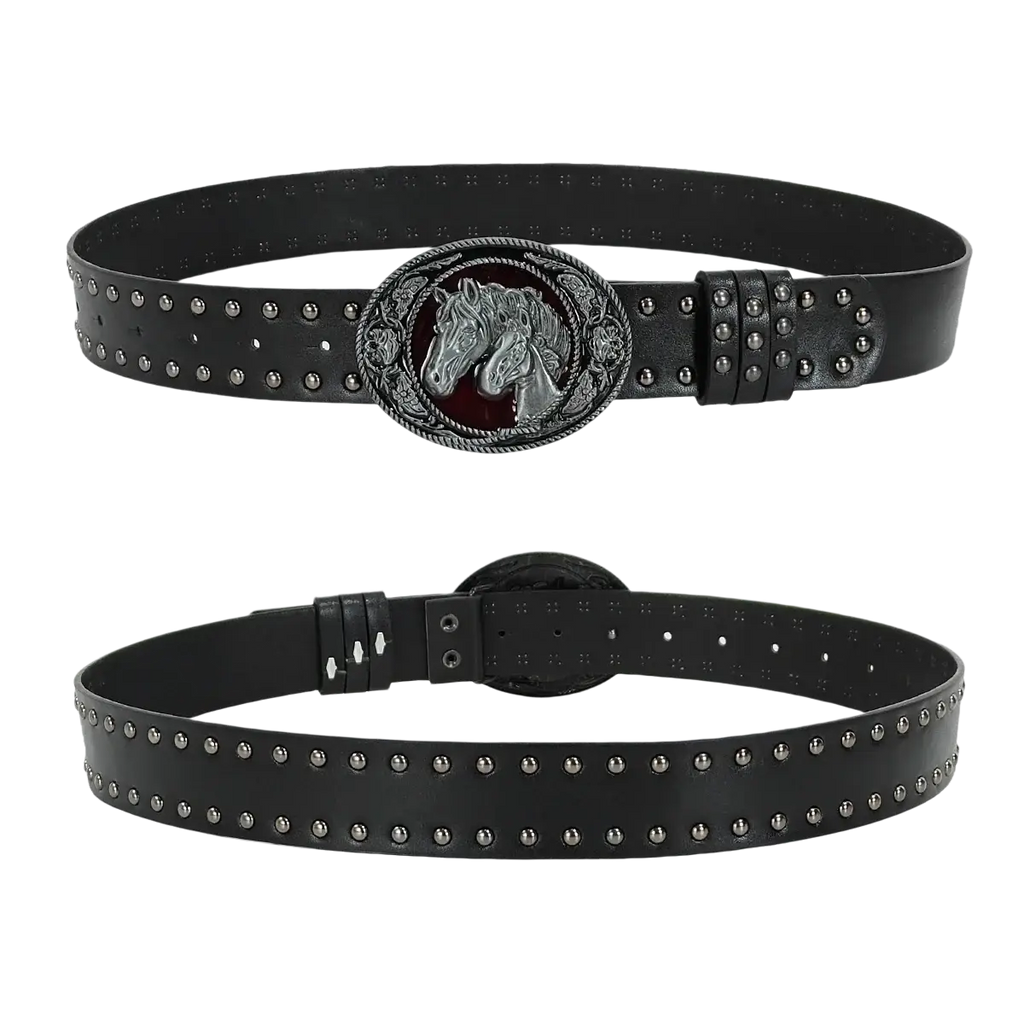 Black studded pu leather y2k waist belt with silver horse head buckle featuring bohemian cross design