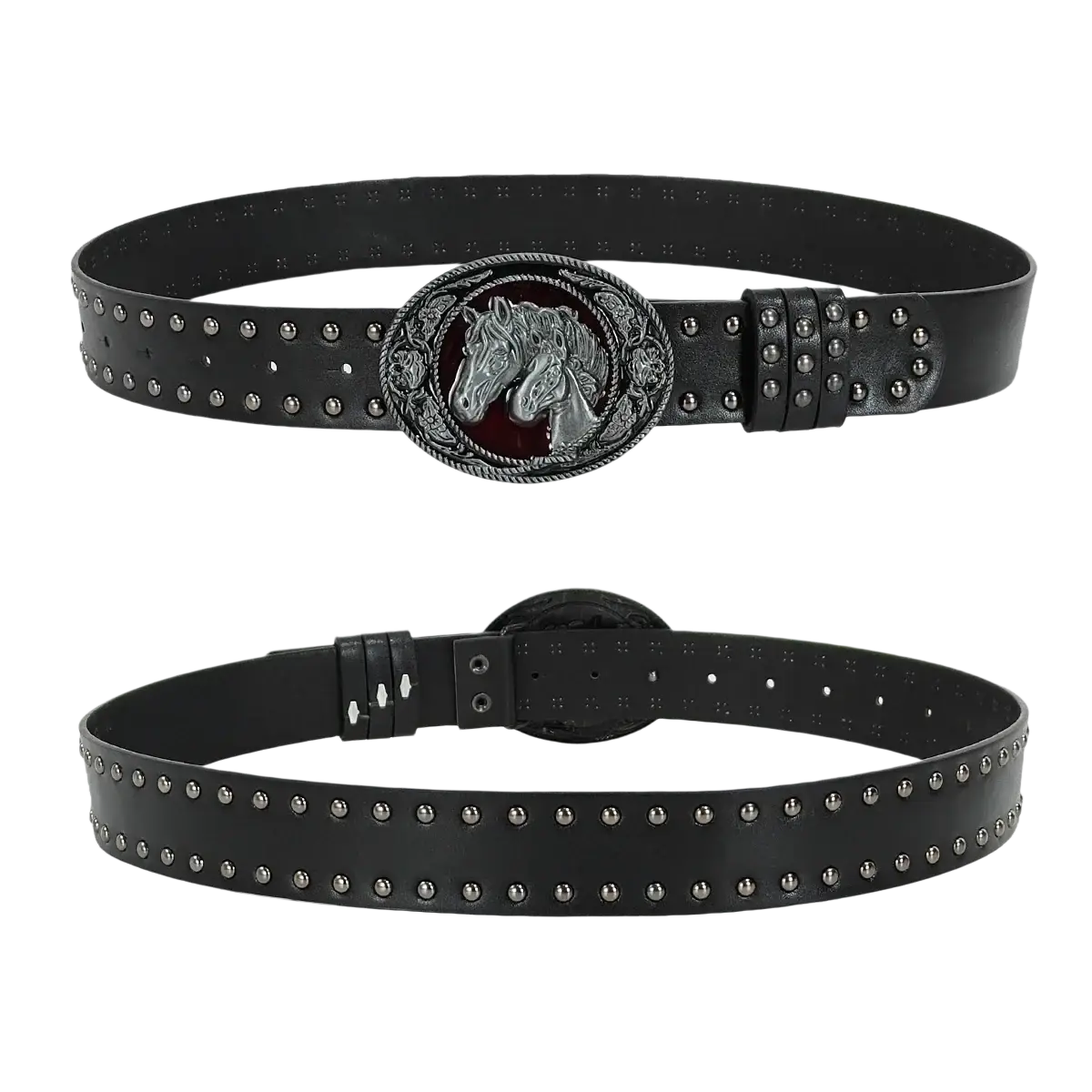 Black studded pu leather y2k waist belt with silver horse head buckle featuring bohemian cross design