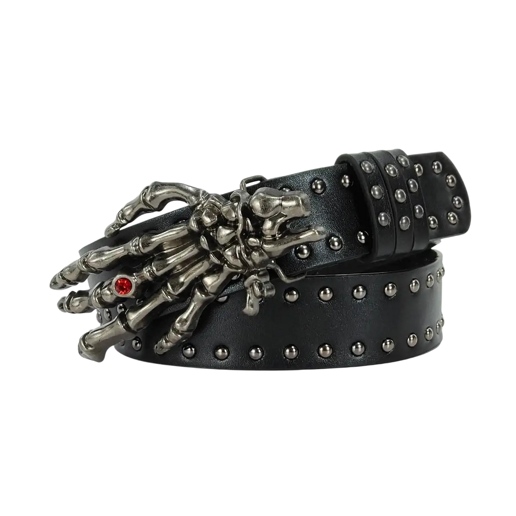Black studded pu leather y2k waist belt featuring a silver skeleton hand buckle with red gemstone bohemian cross y2k style