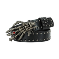 Black studded pu leather y2k waist belt featuring a silver skeleton hand buckle with red gemstone bohemian cross y2k style