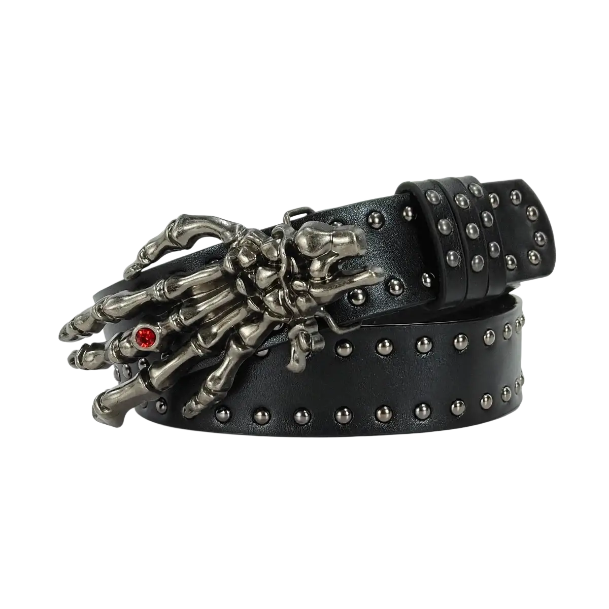 Black studded pu leather y2k waist belt featuring a silver skeleton hand buckle with red gemstone bohemian cross y2k style