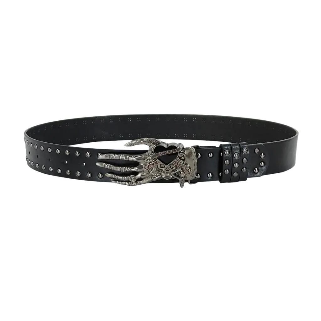 Black studded pu leather y2k waist belt featuring a detailed silver skeleton hand bohemian cross buckle