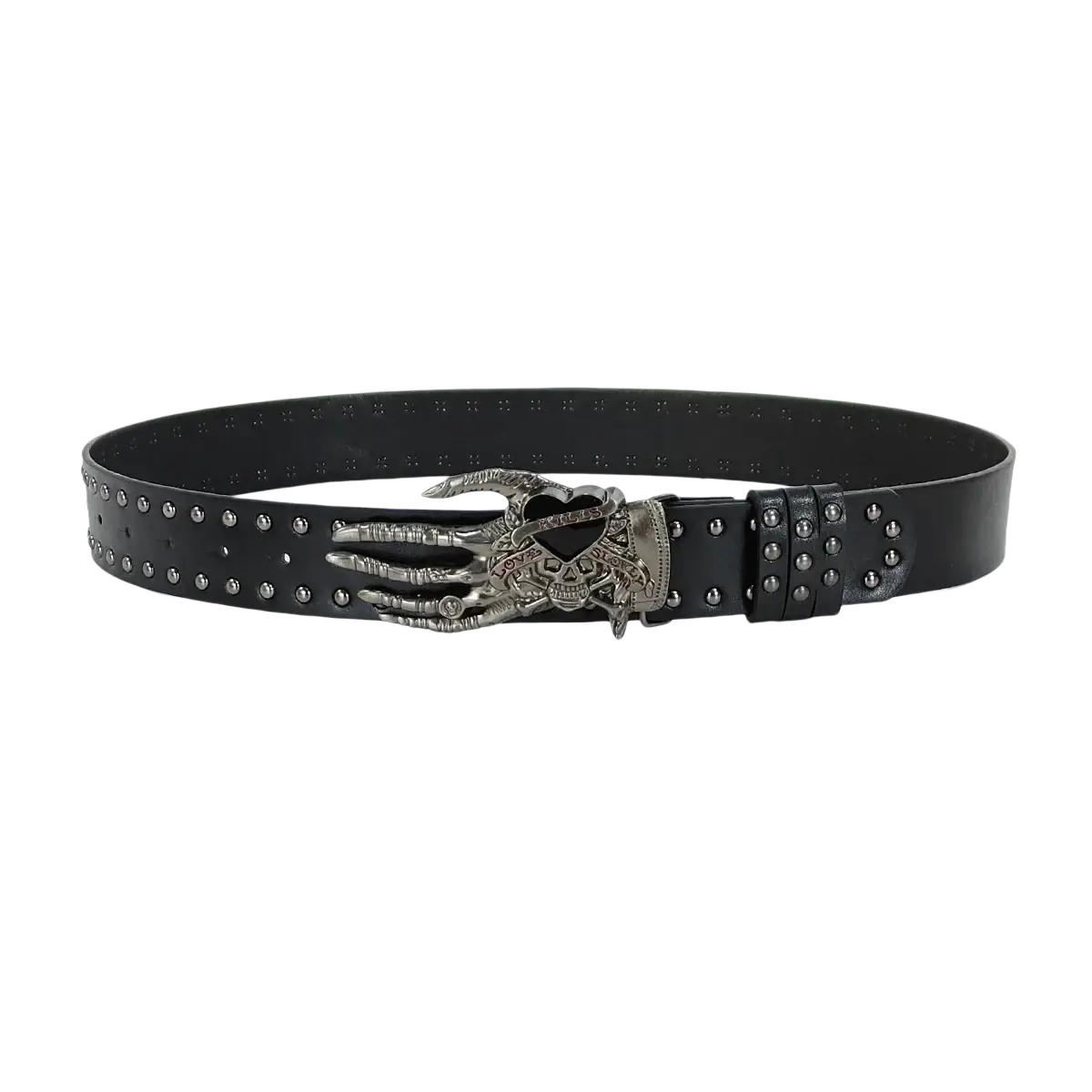 Black studded pu leather y2k waist belt featuring a detailed silver skeleton hand bohemian cross buckle