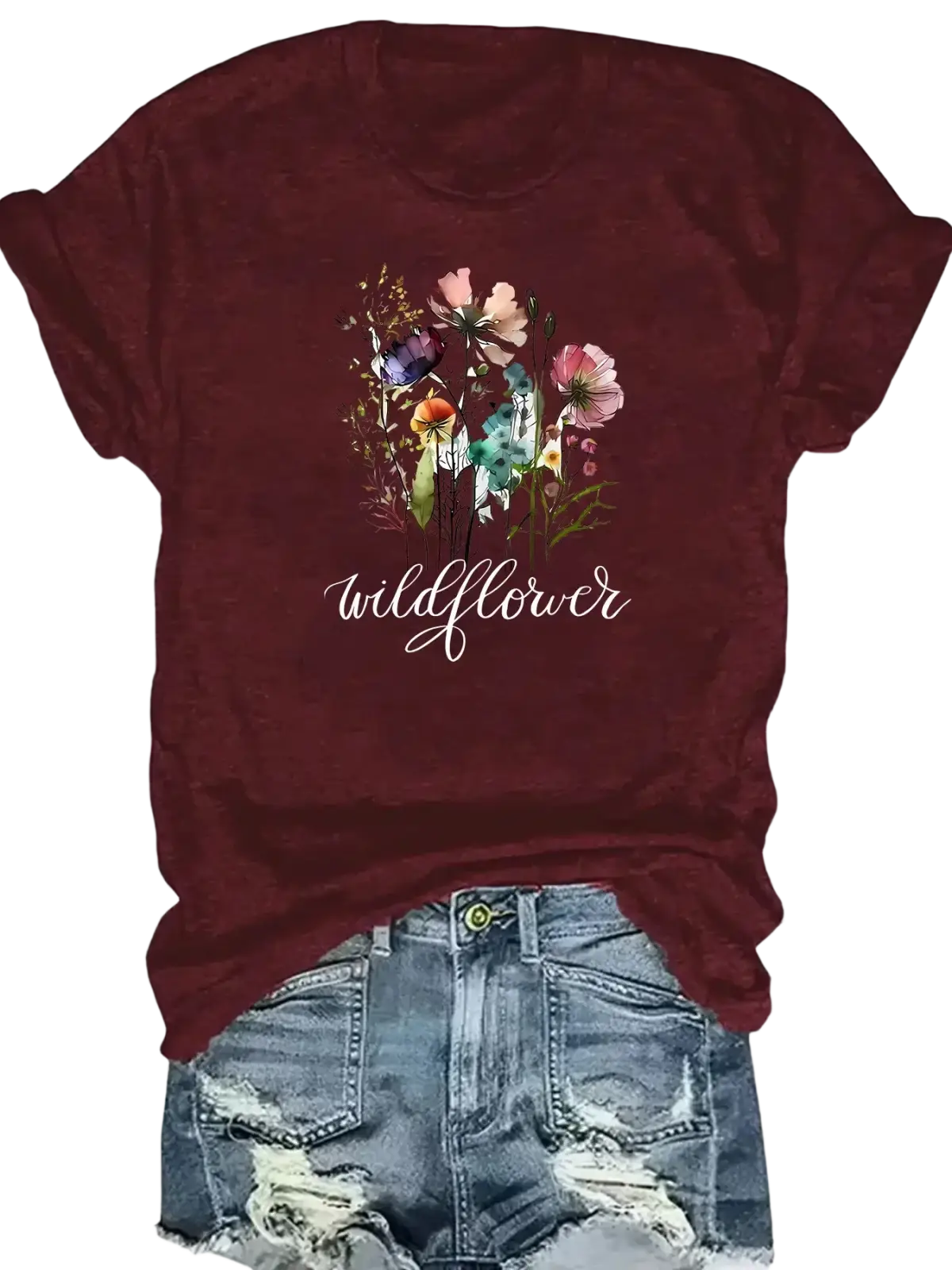 Maroon y2k short sleeve t-shirt with colorful wildflower graphic and white cursive wildflower text for casual wear