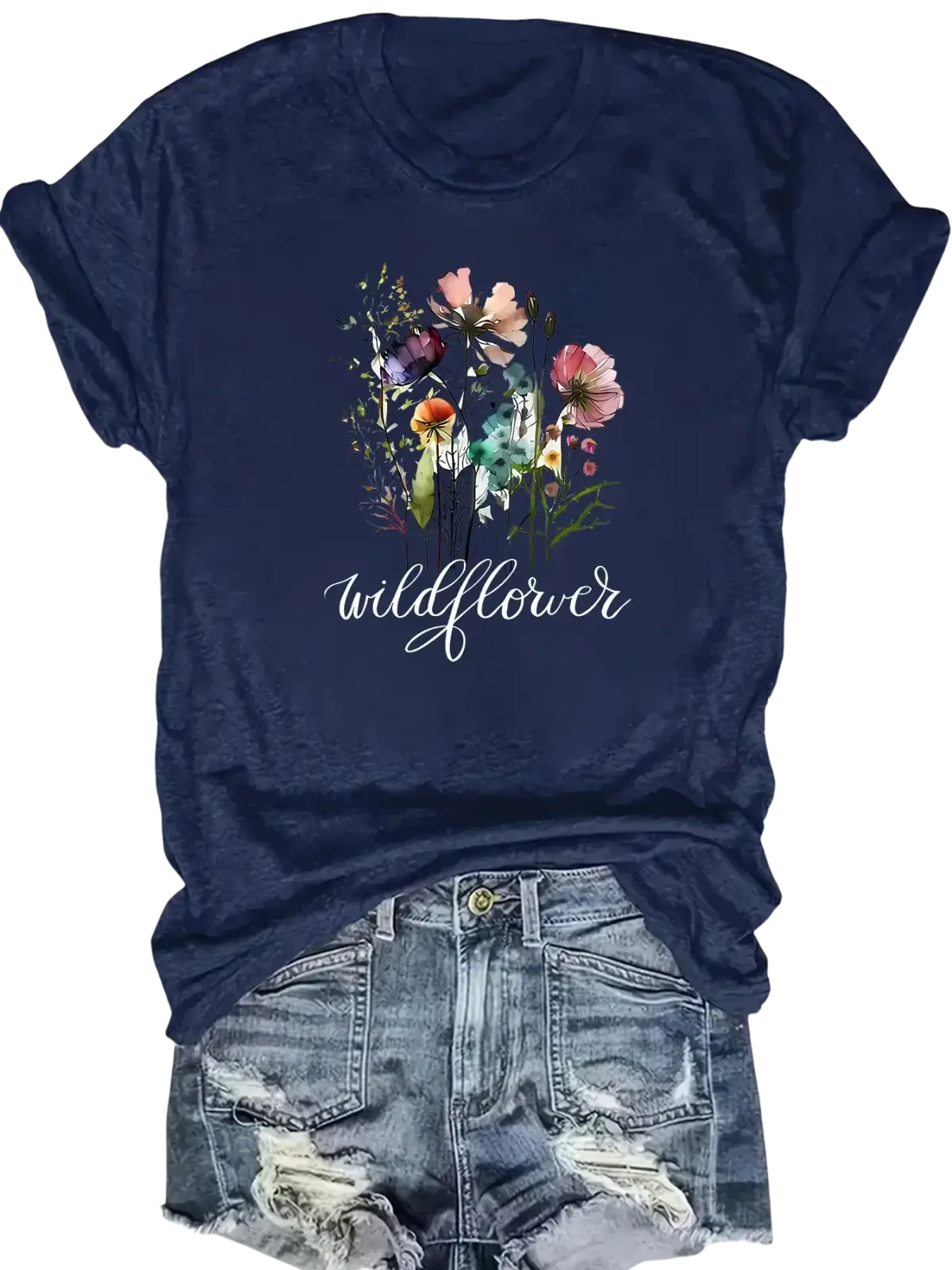 Navy blue y2k short sleeve t-shirt with watercolor wildflower design and white cursive wildflower graphic print
