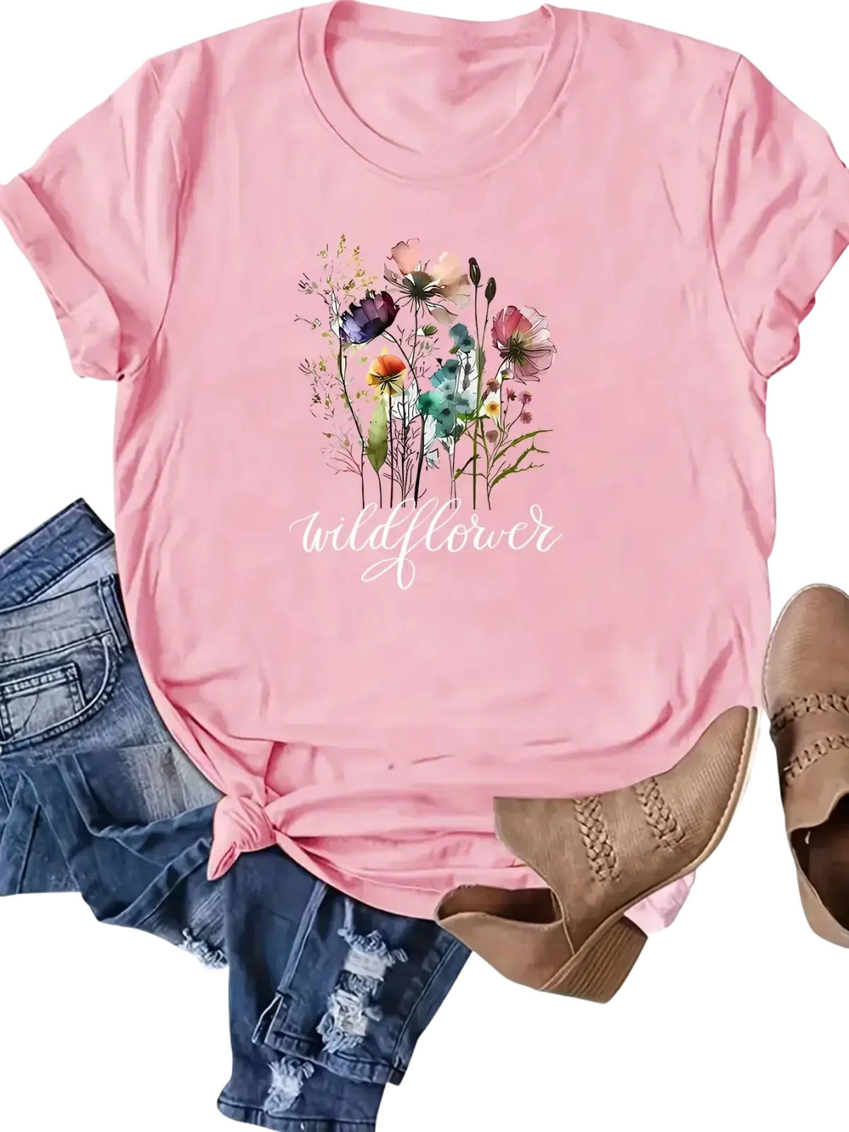 Pink y2k wildflower graphic tee short sleeve casual top with colorful watercolor floral design and white cursive text