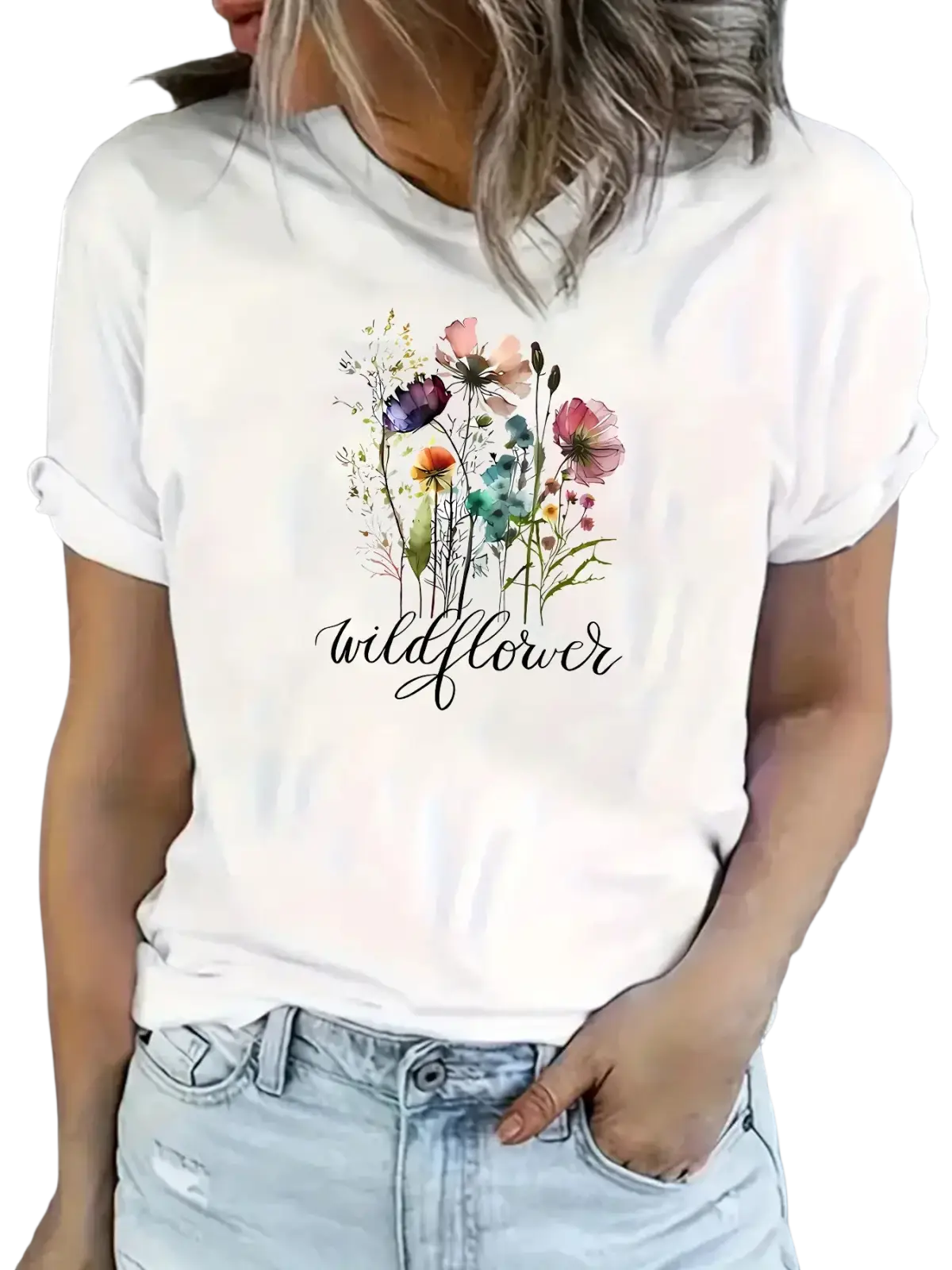 White cotton y2k wildflower graphic tee with colorful watercolor design and short sleeve length casual top