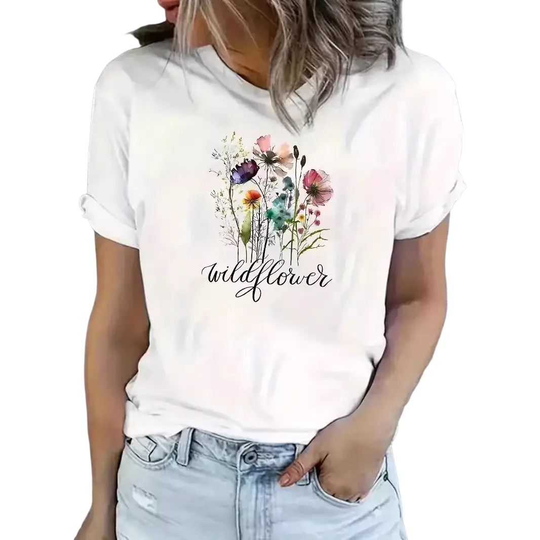 White y2k short sleeve t-shirt with colorful watercolor wildflower design and wildflower text in black cursive script